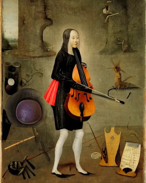 Image similar to a female cellist inspired by Hieronymous Bosch