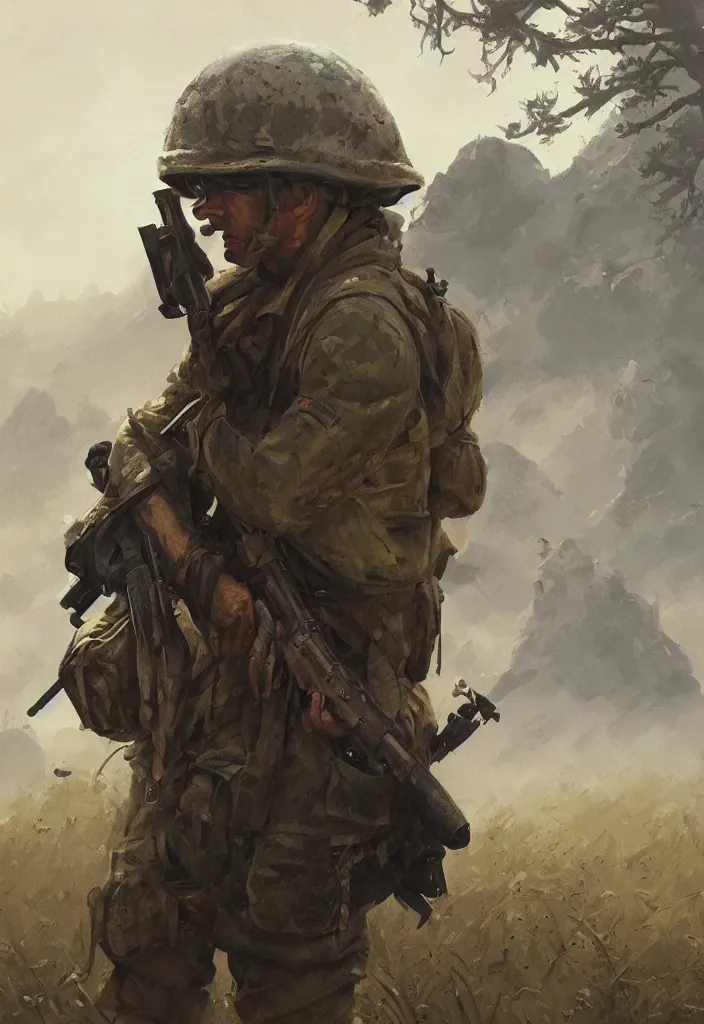 Prompt: character portrait of a vietnam war american soldier in a thematic landscape, backwards, in the style of greg rutkowski, darek zabrocki, marcin rubinkowski, lorenzo lanfranconi, oleg zherebin, karlkka, trending on artstation