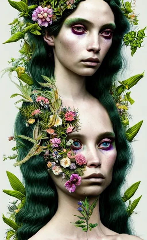 Image similar to the deity of Spring, 1 figure only, looks a blend of Grimes, Lana Del Rey, Aurora Aksnes, and Zoë Kravitz, the figure is made entirely out of wild plants and flora and fauna, in a style combining Botticelli, Möbius and Æon Flux, surrealism, stunningly detailed artwork, hyper photorealistic 4K, stunning gradient colors, very fine inking lines