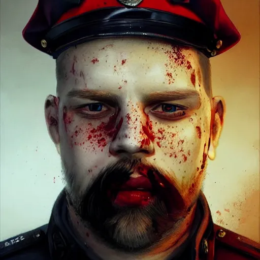 Prompt: portrait painting of a smiling police officer with pale skin short blond hair a patchy beard and blood stains on his mouth, sharp focus, ultra realistic, concept art, intricate details, eerie, highly detailed, photorealistic, octane render, 8 k, unreal engine. art by artgerm and charlie bowater and greg rutkowski