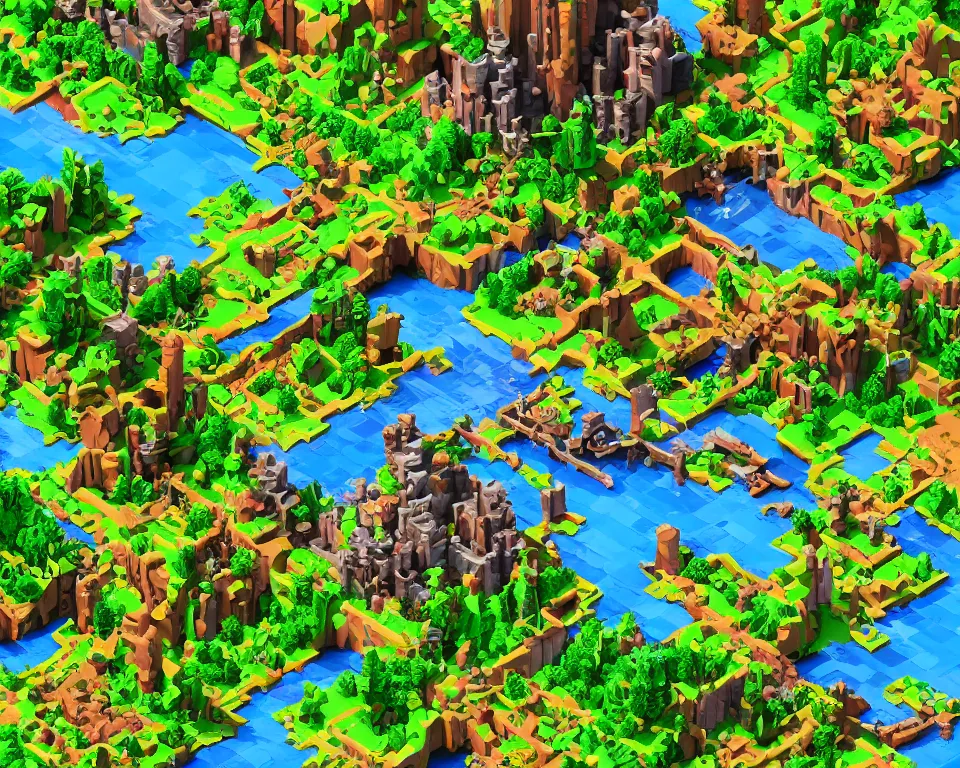 Prompt: the beastlands, isometric, made with voxels, avatar ( 2 0 0 9 ), lush landscape, jungle landscape