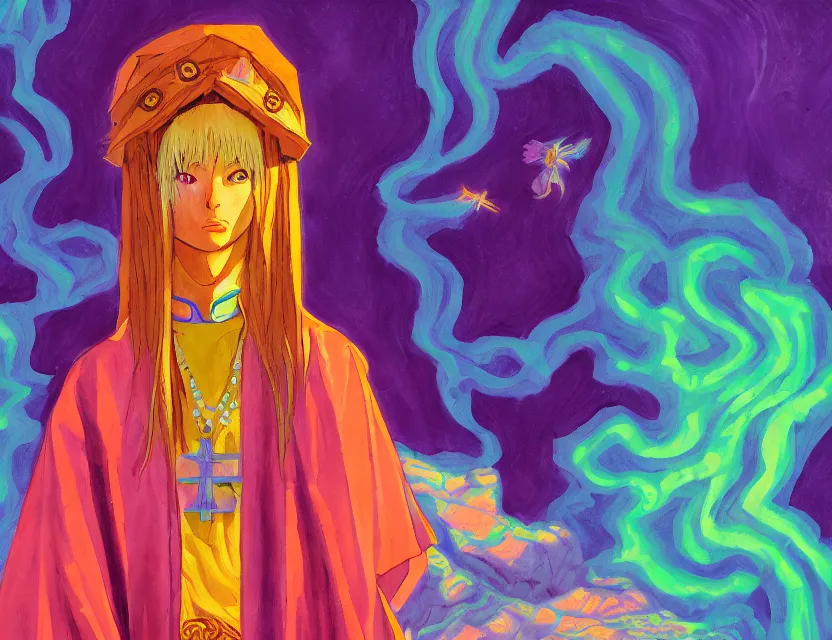 Image similar to priestess of the bismuth hills. gouache painting by the award - winning mangaka, bloom, chiaroscuro, backlighting, depth of field.