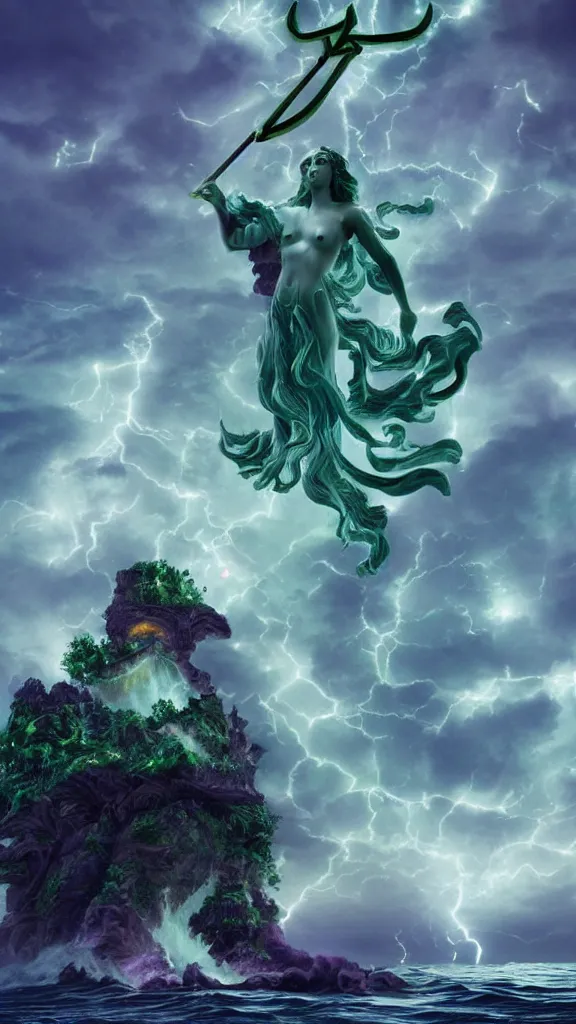 Image similar to gigantic marble statue of the goddess of the sea wielding a trident on an island. roiling waves at the base. scene lit by lightning. thunderclouds in the background. fantasy setting. magicians praying to the statue. purples and greens. fantasy aesthetic. extremely detailed. 4 k