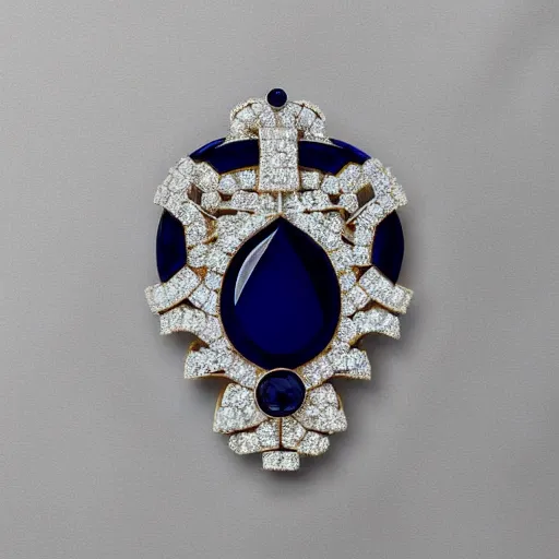 Prompt: white box commercial photography of a brooch jewel, with diamond shape, deep dark blue sapphire, gold ornaments and curves, 8 k, hires close up, high aperture, white background, pinterest, artstation