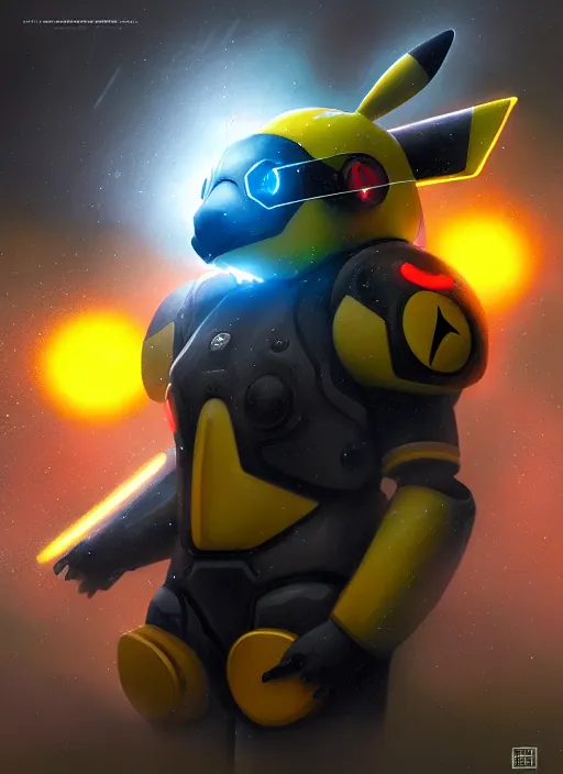 Image similar to pikachu themed mech suit in a thunderstorm, diffuse lighting, fantasy, highly detailed, photorealistic, digital painting, artstation, illustration, concept art, smooth, sharp focus, in the style of tom bagshaw