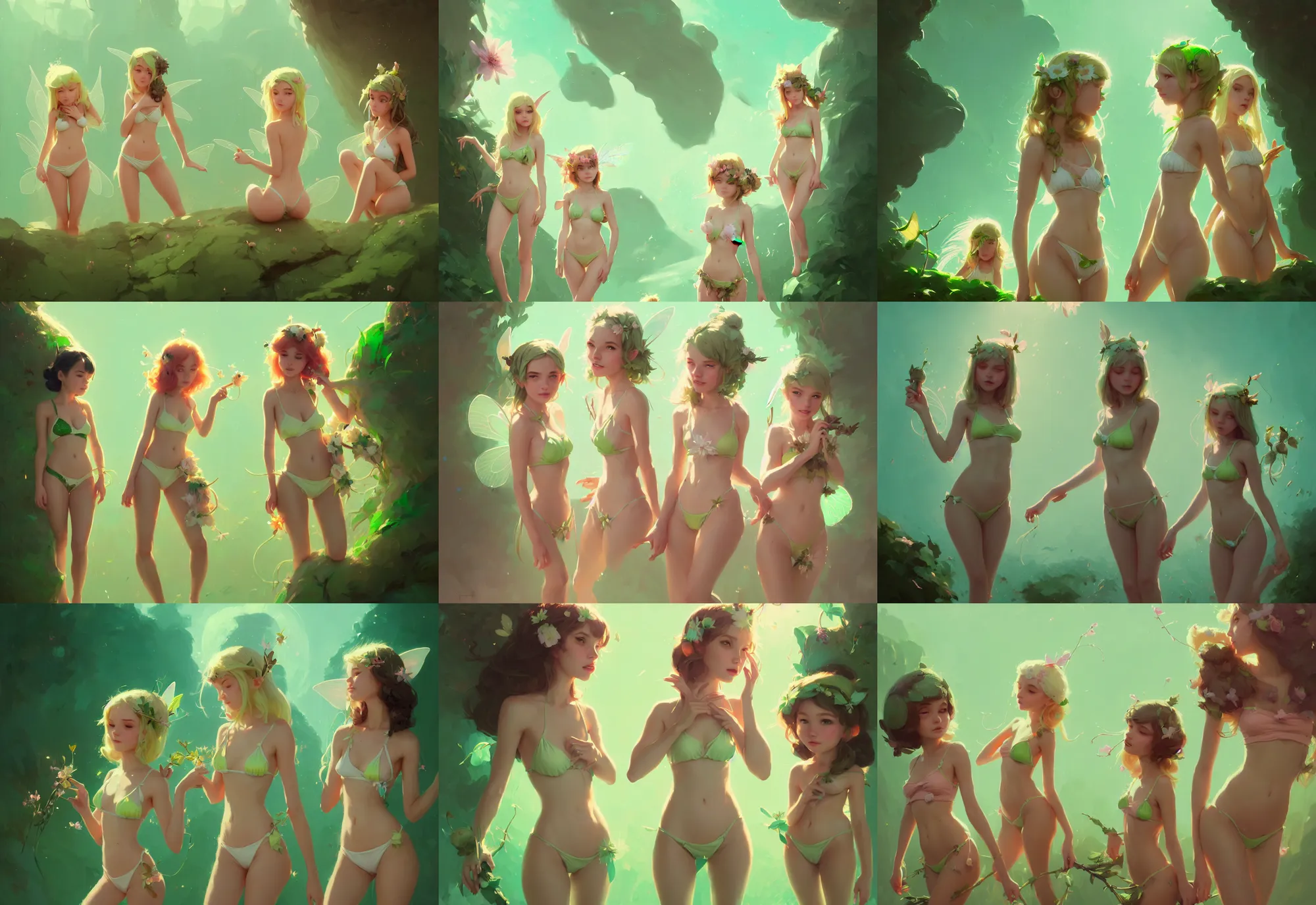 Prompt: portrait of two cute fairies in flower bikinis, fantasy, by atey ghailan, by greg rutkowski, by greg tocchini, by james gilleard, by joe gb fenton, dynamic lighting, gradient light green, brown, blonde cream and white color in scheme, grunge aesthetic