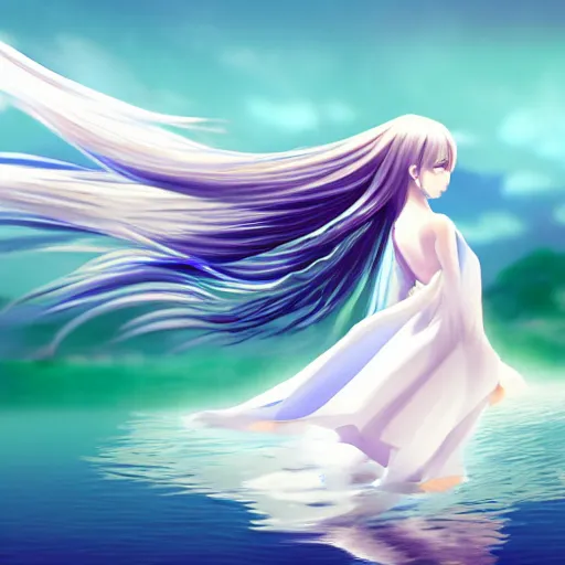 Prompt: advanced digital anime art, girl with long sky blue hair wearing a white dress swirling while standing in the middle of a lake twirling the water around her. —W 2048 —H 1080