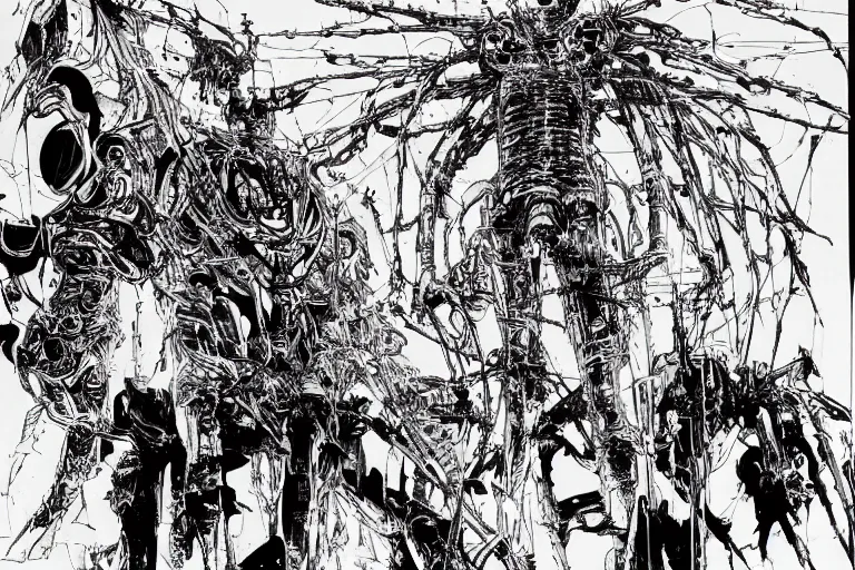 Image similar to remnants of the human civilization, survivors, a color illustration by tsutomu nihei, tetsuo hara and katsuhiro otomo