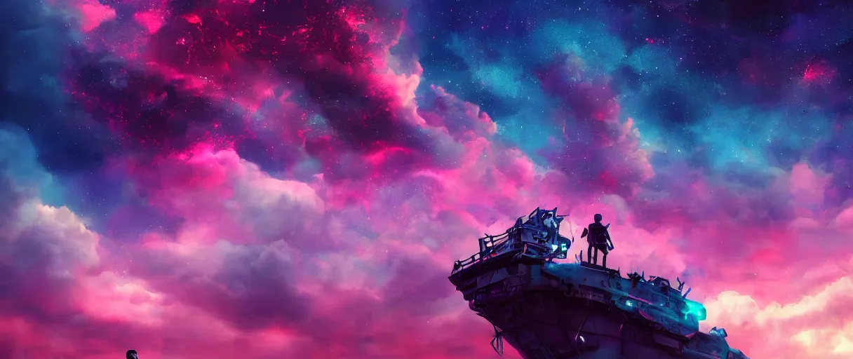 Image similar to space, hyperdetailed illustration, portrait big dark dog, mohawk, stars, pink, neon, oil painting, rich deep colors masterpiece, pirate neon ship, ultra detailed, contrast, heaven pink, clouds, volumetric light, atmospheric lighting, dramatic, cinematic, moody, octane render 4 k, 8 k