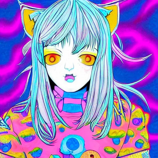 Prompt: catgirl with short hair, psychedelic art, anime style, highly detailed, LSD