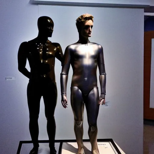 Image similar to “a realistic detailed photo of a guy who is an attractive humanoid who is half robot and half humanoid, who is a male android, British diver Jack Laugher & Chris Mears, shiny skin, posing like a statue, blank stare, at the museum, on display”