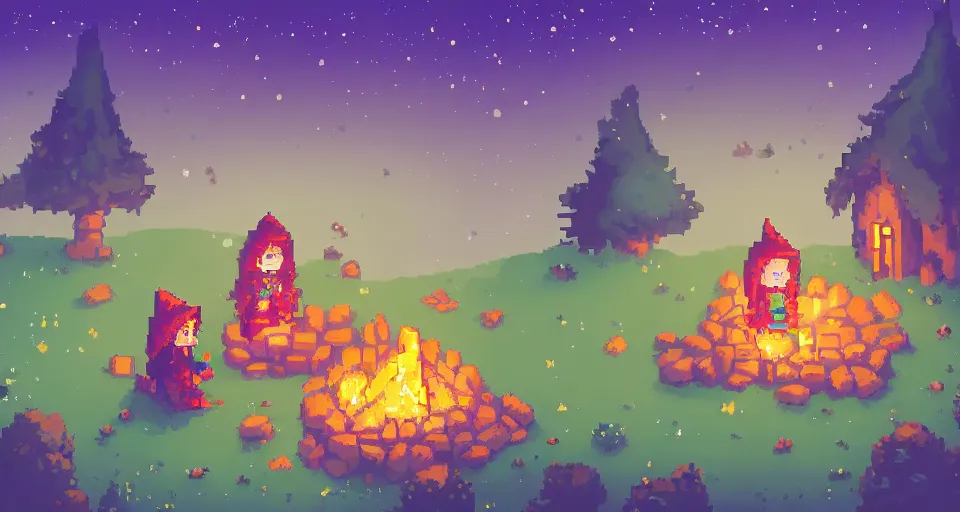 Prompt: Pixelart of a small cute witch sitting at a cozy bonfire in the forest meadow under starry sky, volumetric lighting, glowing lights, 4k, octane, digital pixel art, pixiv, by Aenami