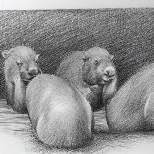 Image similar to pencil sketch of four capybaras in hot tub, realistic, shaded