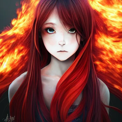 Prompt: advanced digital portrait painting photograph, a teenage anime girl wearing a dress made of fire , full body, very long black and red hair, silver eyes, full round face, intense stare, cinematic lighting, medium shot, MCU, highly detailed, trending on artstation, CSP, Photoshop, WLOP, Rossdraws, James Jean, Andrei Riabovitchev, Marc Simonetti, Anastasia Ovchinnikova and Sakimichan