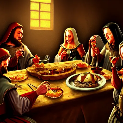 Image similar to medieval feast with drinking, artstation, fantasy