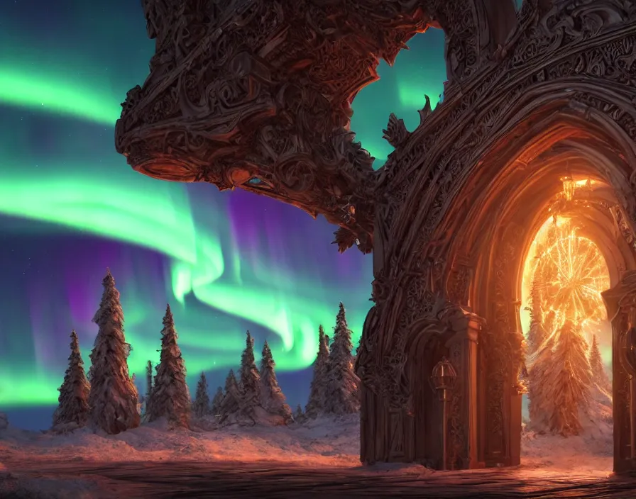 Image similar to a very detailed concept art of intricate and well designed magical gates infused with aurora borealis, dynamic lighting, trending on artstation, path traced, highly detailed, high quality, digital art, 4 k, hyper realistic, octane render, sharp focus