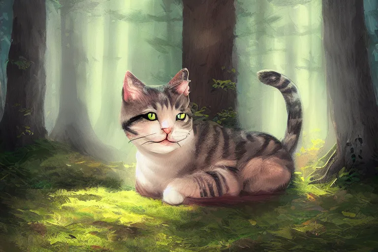 Image similar to cat in the forest, warm lighting, digital art, trending on artstation, fanart, by kawacy