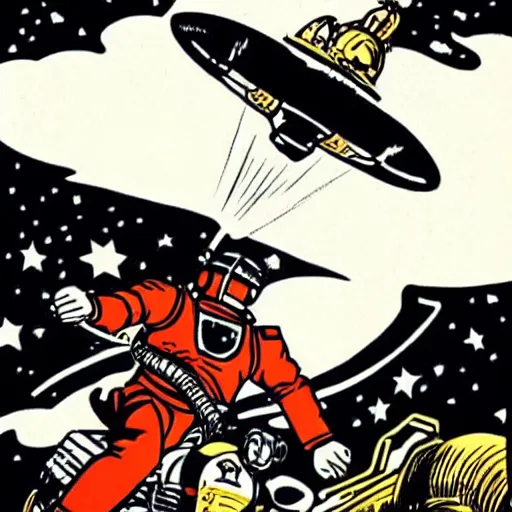 Prompt: pin-up art of a space marine riding a nuclear bomb like in dr. strangelove in vintage colours by mcbess