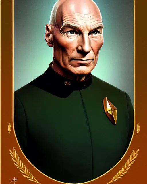 Image similar to symmetry portrait of captain picard in captain's uniform, tng, forest, intricate, elegant, highly detailed, digital painting, artstation, concept art, smooth, sharp focus, illustration, art by artgerm and greg rutkowski and fra angelico and alphons mucha