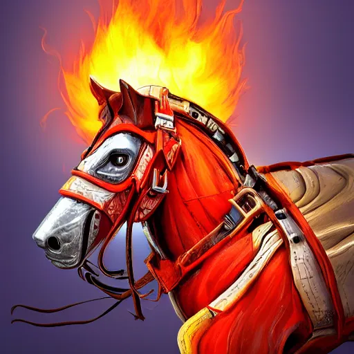 Prompt: robotic cyborg horse with cowboy hat and fiery mane, post-apocalyptic burning background, portrait