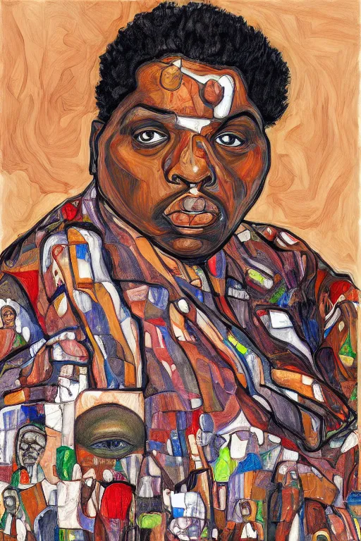 Image similar to a portrait of biggie small in style of egon schiele, masterpiece, hyperdetailed, complex, intricate, 4 k, trending on artstation