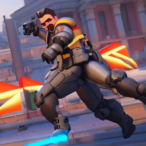 Image similar to joseph stalin is the newest overwatch character, kings row in the background, octane render, blender render, unreal engine, action shot, cinematic lighting, symmetrical