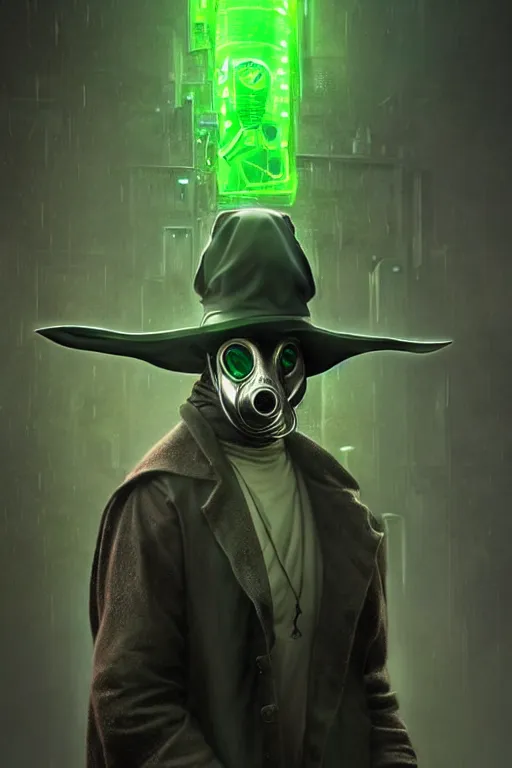 Image similar to wow! 3 / 4 stunning photorealistic portrait of a plague doctor with a green aura in a kowloon cyberpunk cityscape, biomechanical bodysuit, acid rain, dark fantasy by artgerm and sorayama and alphonse mucha, very realistic, hyperdetailed, trending on artstation, octane render