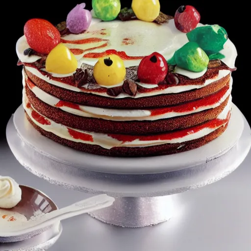 Prompt: photograph of a fancy cake from cookbook in color