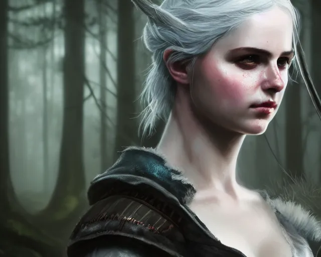 Image similar to 5 5 mm portrait photo of a real life ciri with a face scar, in a magical forest. dark atmosphere. art by greg rutkowski. highly detailed 8 k. intricate. lifelike. soft light. nikon d 8 5 0.