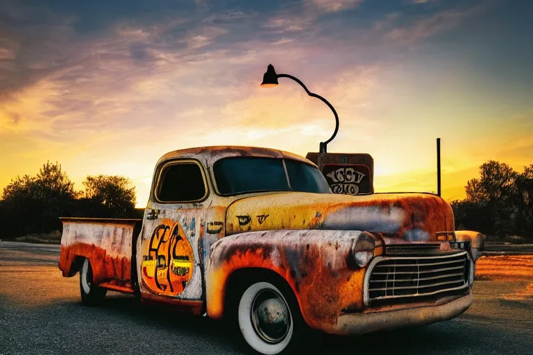 Image similar to a sunset light landscape with historical route 6 6, lots of sparkling details and sun ray ’ s, blinding backlight, smoke, volumetric lighting, colorful, octane, 3 5 mm, abandoned gas station, old rusty pickup - truck, beautiful epic colored reflections, very colorful heavenly, softlight