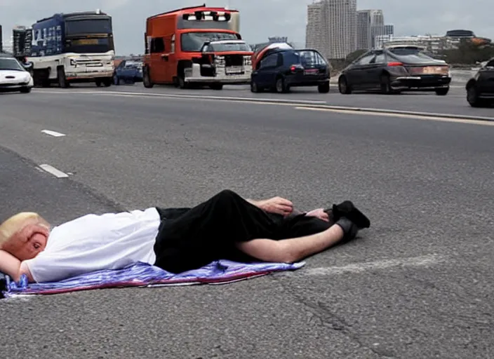 Prompt: donald trump sleeping in the middle of a busy highway