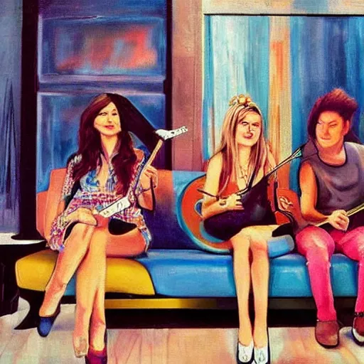 Prompt: rock band sitting on couches with girls surrealism