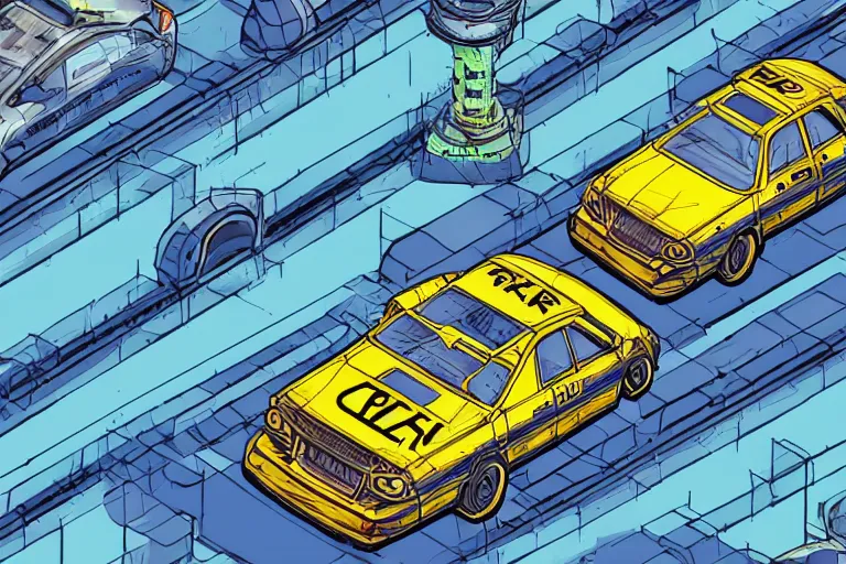 Image similar to cell shaded!! Taxi cab infront of a blue background, isometric, as Borderlands 3 concept art, llustration, concept art by Laurie Greasley, highly detailed, sharp focus,alien, HQ, 4K ,art by Laurie Greasley