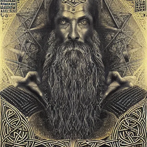 Prompt: award winning portrait of the wizard Merlin:, black paper, tarot card, an epic detailed portrait of Merlin by Gustave Dore and Johnny Morant trending on artstation, black and gold colours, an incredibly vivid watercolor painting:, symmetry, gold lines, duotone style, medieval tapestry, celtic symbols