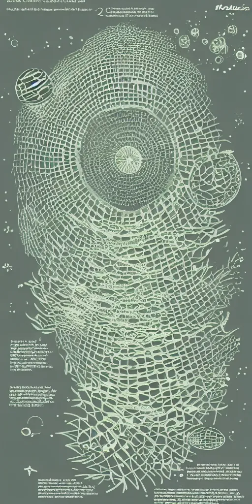 Image similar to Detailed Infographic Artwork by Moebius of a giant beautiful diatom hanging inside a space station
