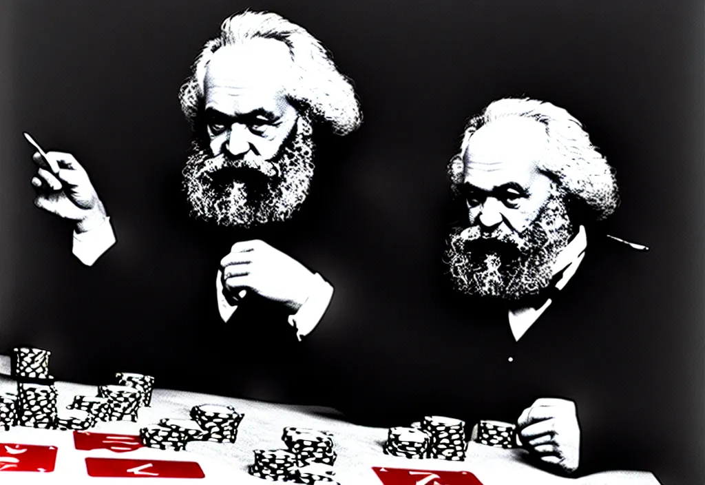 Prompt: Karl Marx playing poker in Las Vegas, ultra HD, studio light, photorealism