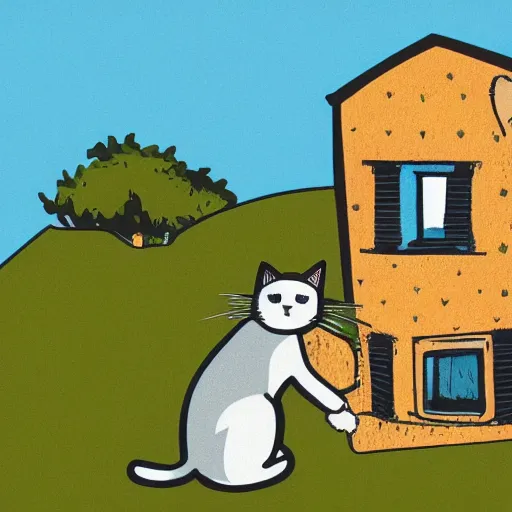 Prompt: detailed illustration of a white female cat with a black spot on her trunk playing guitar, an old house with a window over a hill, blue sky