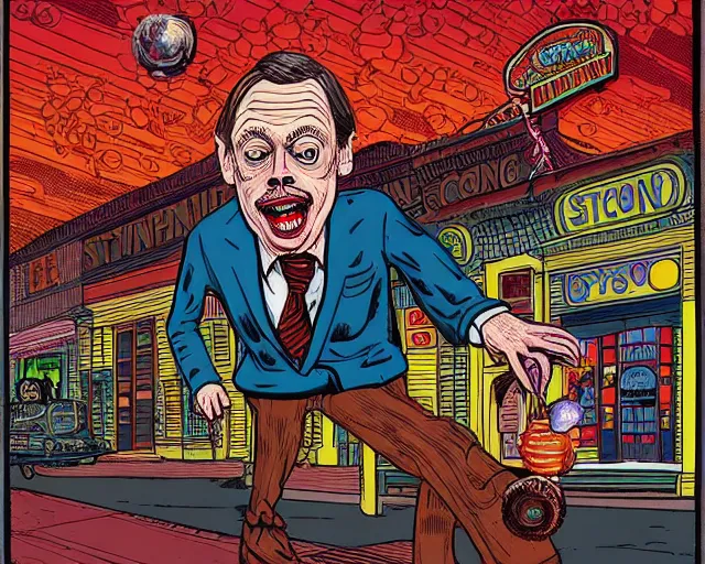 Image similar to steve buscemi tripping on main street, cosmic horror painting, elegant intricate digital painting artstation concept art by basil wolverton by robert crumb by william eggleston detailed