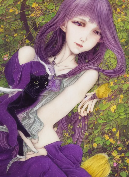 Image similar to elf girl, cat suit, soft hair. light color palate, purple, yellow and white. detailed soft painting, ayami kojima, made in abyss, anatomically correct, ilya kuvshinov, inspired in balthus, high detailed face anime, vogue magazine, glorious composition, mobile wallpaper