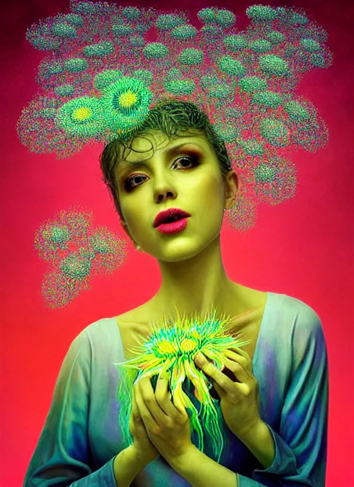 Image similar to hyper detailed 3d render like a chiariscuro Oil painting - Aurora (Singer) looking adorable and seen in dynamic pose joyfully Eating of the Strangling network of yellowcake aerochrome and milky Fruit and Her delicate Hands hold of gossamer polyp blossoms bring iridescent fungal flowers whose spores black the foolish stars to her smirking mouth by Jacek Yerka, Mariusz Lewandowski, Houdini algorithmic generative render, Abstract brush strokes, Masterpiece, Edward Hopper and James Gilleard, Zdzislaw Beksinski, Mark Ryden, Wolfgang Lettl, hints of Yayoi Kasuma, octane render, 8k