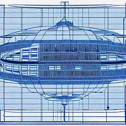 Prompt: a detailed blueprint of an advanced UFO spacecraft, blue lines, high contrast