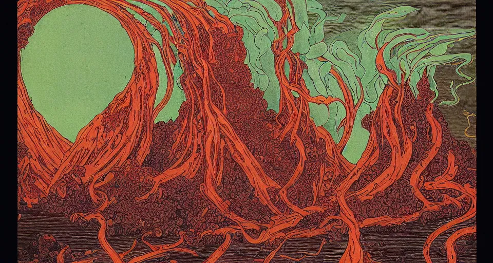 Image similar to a volcano made of ivory vines and crimson rocks enters in eruption, it spits a smoke in the shape of demonic eye, by Ivan Bilibin,