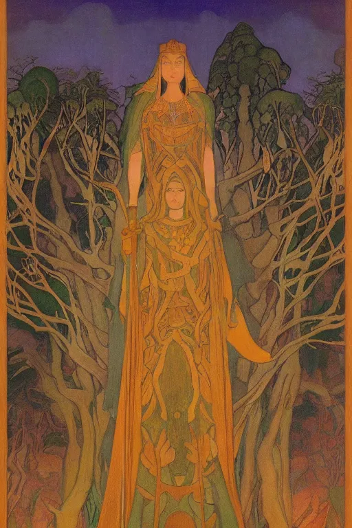 Prompt: lost queen of the forest with her scepter, by Nicholas Roerich and jean delville and Maxfield Parrish, dramatic cinematic lighting , ornate headdress , lost civilizations, extremely detailed, unreal engine
