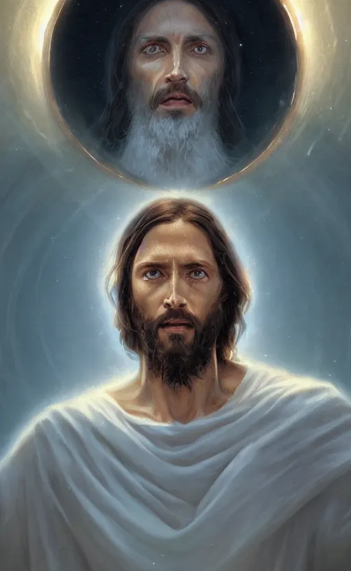 Prompt: jesus looking into a portal hopping and time warping with reckless abandon, surrounded by eyes, dramatic scene, masterpiece digital painting by Greg Rutkowski, Alex Grey, artstation, 4k wallpaper