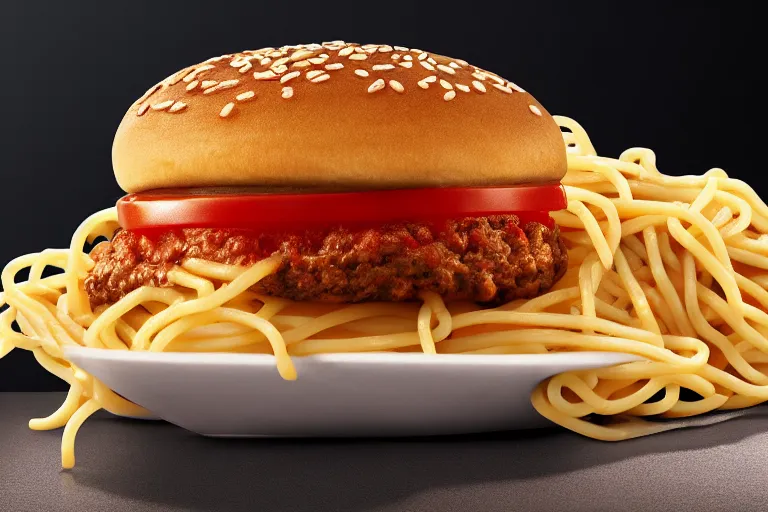 Prompt: mcdonalds spaghetti burger, commercial photography