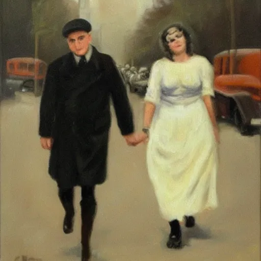 Prompt: an oil panting of a young hitler with her girlfriend, walking in berlin