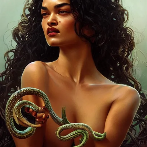 Image similar to Shanina Shaik as Medusa, screaming, snakes for hair, intricate, elegant, highly detailed, digital painting, artstation, concept art, smooth, sharp focus, illustration, art by artgerm and greg rutkowski and alphonse mucha