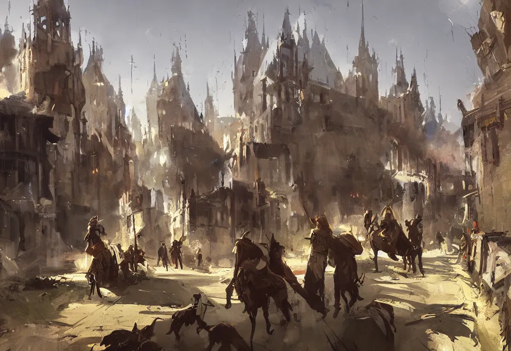 Prompt: ismail inceoglu painting of a medieval situation in the middle ages, painting, trending on artstation, by greg manchess and by craig mullins and by kilian eng and by jake parker