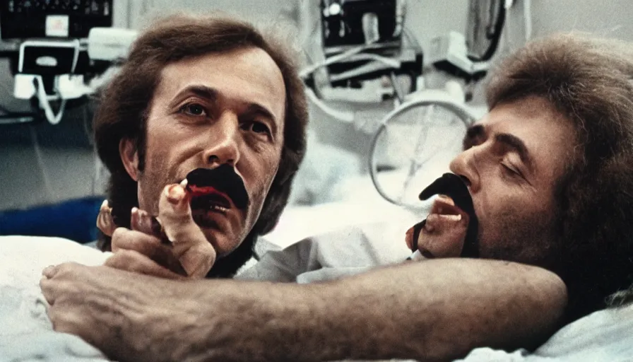 Image similar to 70s movie still of a man with a spiral in the mouth in hospital, eastmancolor, heavy grain, high quality, higly detailed, liminal space