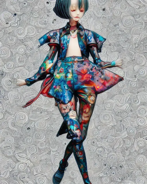 Image similar to james jean isolated deepdream vinyl figure harajuku style boy girl character design, figure photography, dynamic pose, holographic undertones, glitter accents on figure, anime stylized, accurate fictional proportions, high delicate defined details, ethereal lighting